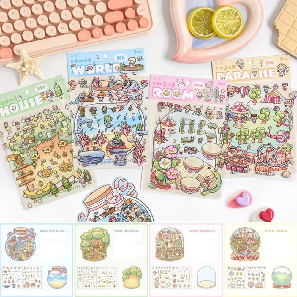 Kawaii Cartoon 3D Landscaping Stickers Tree House DIY Three-dimensional Sticker 3D Visual Stacking Miniature Scene Sticker Children
