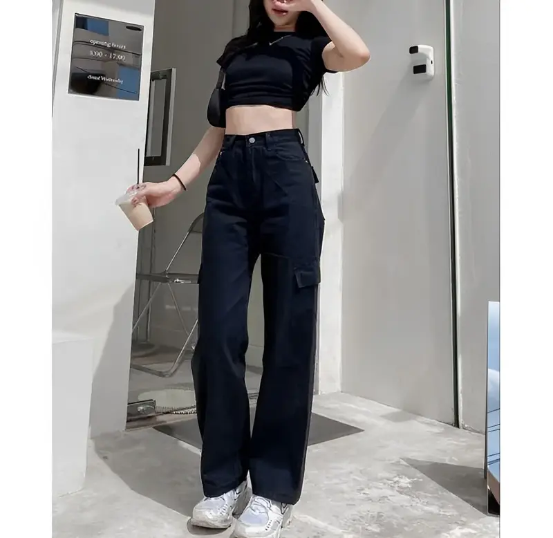 CELANA KULOT CARGO LOOSE HIGHWAIST WANITA PREMIUM Denim Kancing Light Panjang Saku Samping jeans 2