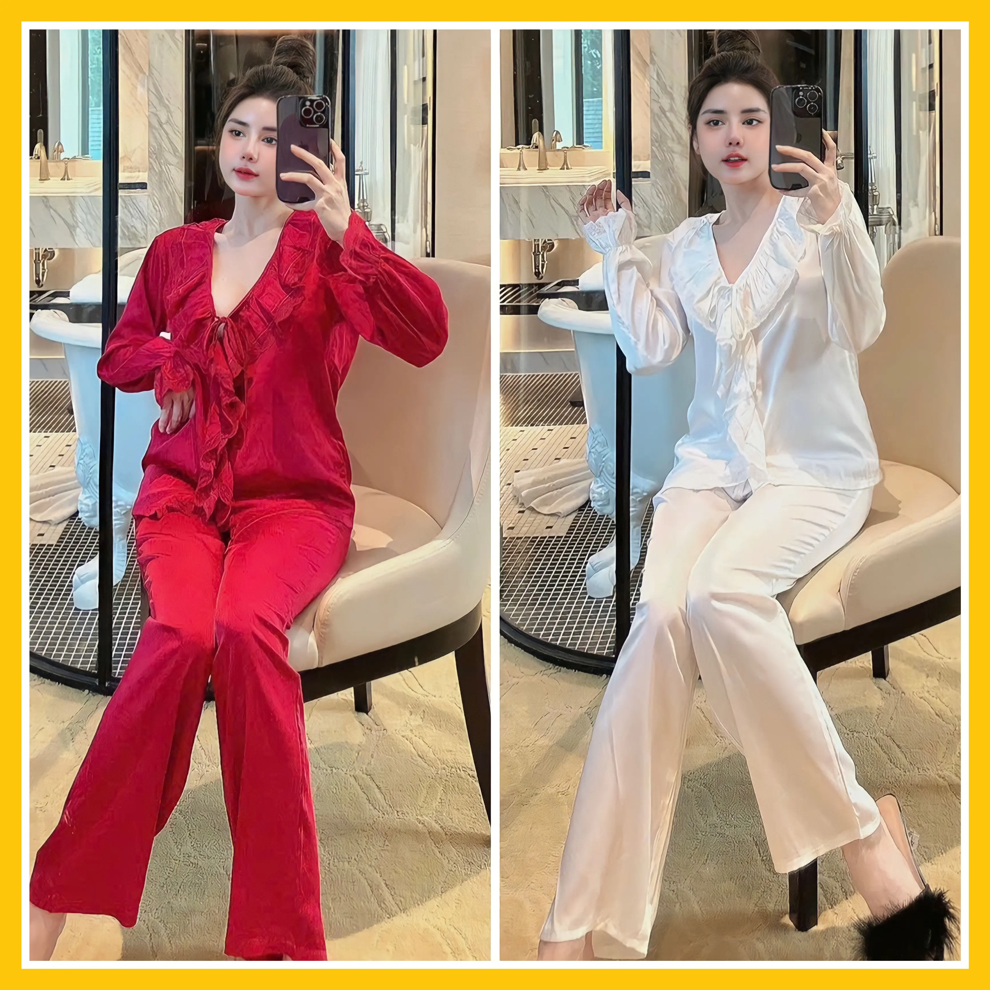 Đồ bộ ngủ pijama cổ bèo quần dài dành cho nữ họa tiết trơn chất liệu lụa latin mềm mịn 03 Women