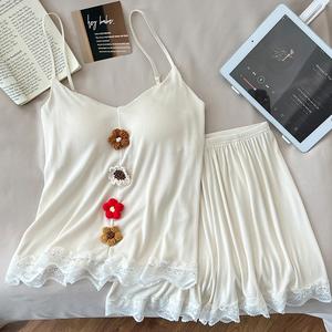 Set Kamisol Leher V Modal, untuk Wanita, Pakaian Musim Panas, dengan Perincian Bunga 3D, Bra Terbina Dalam, Keselesaan Bernafas, Sesuai untuk Acara Kasual, Percutian Pantai dan Pakaian Musim Panas Harian