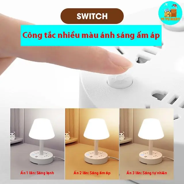 Đèn để bàn thông minh, đèn ngủ kết hợp ổ cắm USB, 3 chế độ sáng, ổ cắm 2 chân, dây dài 1,8m 2