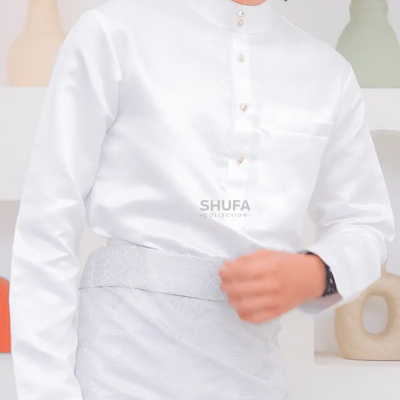 Baju Akad Melayu Pria Cekak Musang Setelan Muslim Kurung Teluk Belanga Putih Bahan Bridal Setelan Pengantin 1
