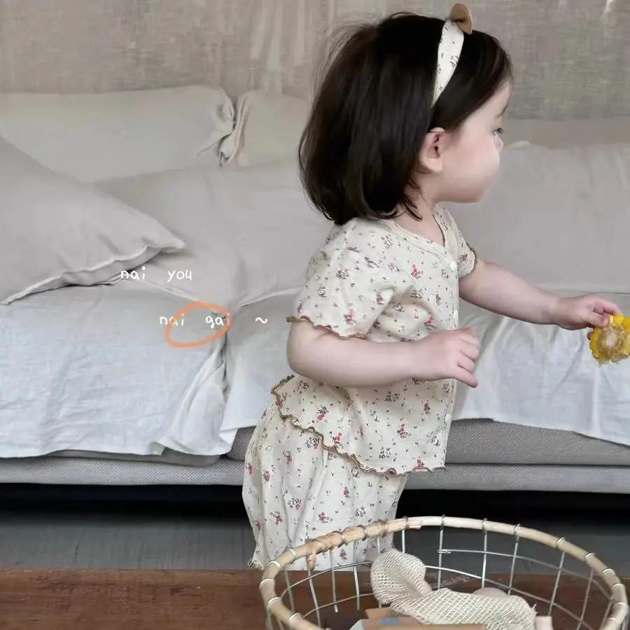 Bộ Đồ Mặc Nhà In Hoa, Cho Em Bé Gái, Áo ngắn Tay Mỏng Mùa Hè, Quần, Bộ Hai Mảnh, Áo Và Quần, Thiết Kế Mũ Sữa Kem, Thời Trang, Được Xếp Hạng [2948] Phản Hồi Tích Cực
