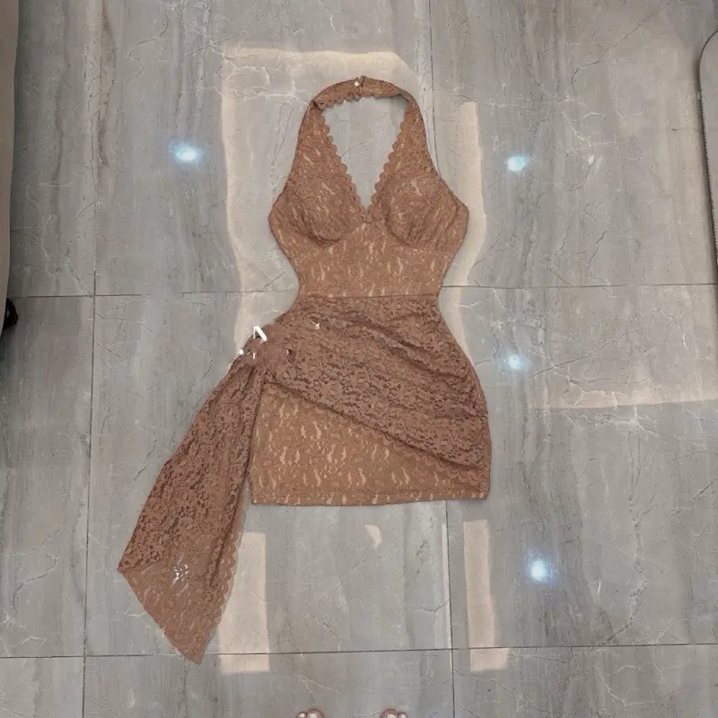Đầm Ren cổ Yếm Tà sườn Ôm body.tôn dáng,có mút ngực thân sau dây kéo,có quần Lót Liền size 40-54kg Women Váy Dress Nữ buộc 6