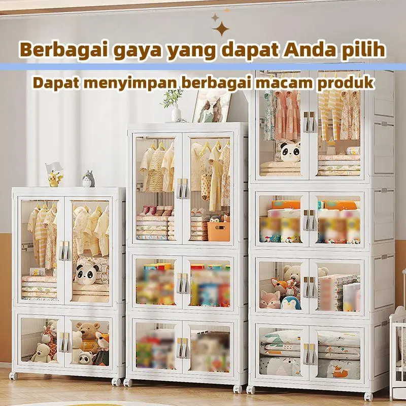 Lemari Pakaian Multifungsi Lemari penyimpanan kebutuhan sehari-hari Lemari makanan ringan Lemari Rumah Lemari Mainan Dapat dilipat  Tanpa Instalasi Roda 360  Pintu Plastik Furniture rak kaca 1