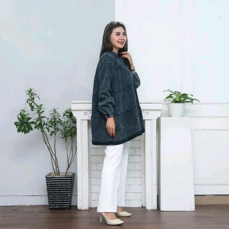 Atasan Kemeja Jeans Babydoll Susun // Kemeja Wanita Babydoll Oversize Kekinian 4