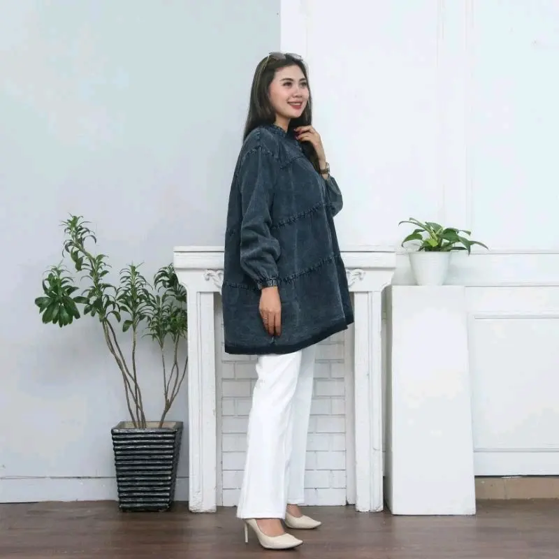 Atasan Kemeja Jeans Babydoll Susun // Kemeja Wanita Babydoll Oversize Kekinian 4