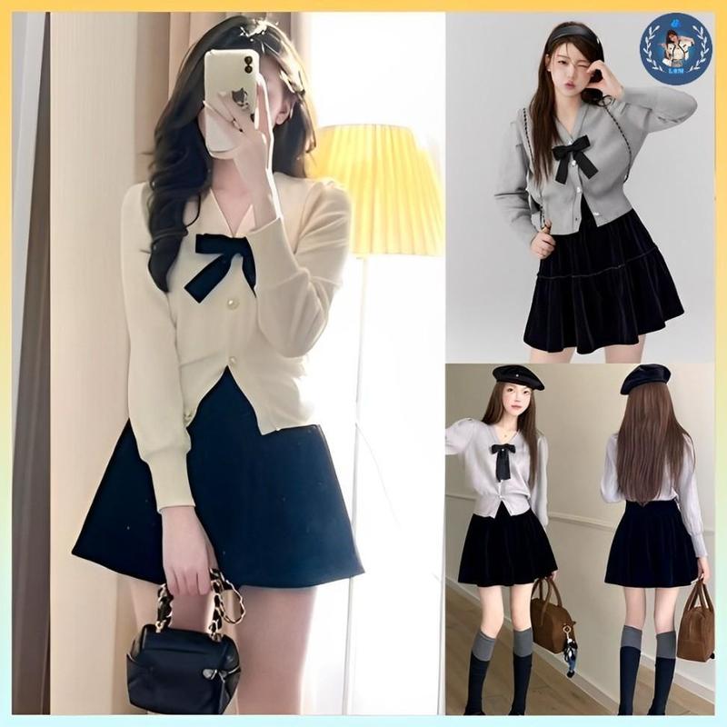 A281 Áo KHOÁC ngoài len QC cardigan CÀI NƠ ĐEN TO hàng dệt kim tay dài phối NÚT TIM mặc 2 KIỂU áo nơ tingoan sang trọng - L2M Top Women Fashion 【 hoa hồng 【 Hỏa tốc