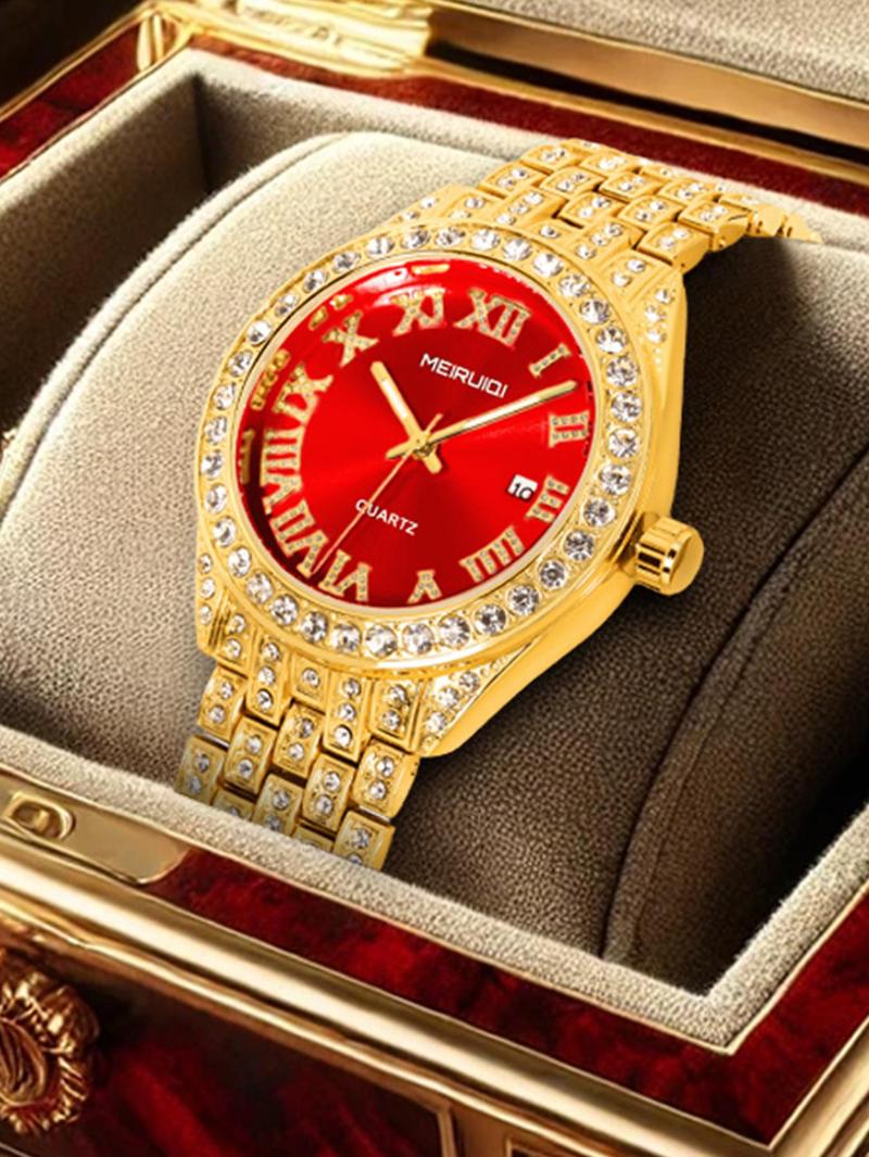 Product Introduction of Men's Business Fashion Rhinestone Decorated Analog Quartz Watch, with Box, Fashion Watch for Party, Daily Decor, Trendy All-match & Exquisite Watch for Birthday Gift 0