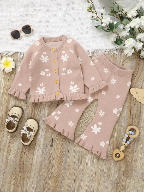 Toddler Girl's 2pcs Floral Print Button Front Cardigan Jacket & Ruffle Hem Flare Leg Pants Set, Casual Cute 2 Piece Outfits for Little Girls Spring & Fall, Kids Clothes, Co-ord Set Outfits, Comfy Outfits, Girls Clothing Sets, Kids Clothing 4