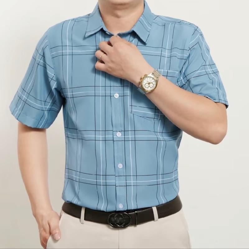 Áo sơ mi nam ngắn tay caro có túi lụa chống nhăn Cổ Tròn Trung Niên