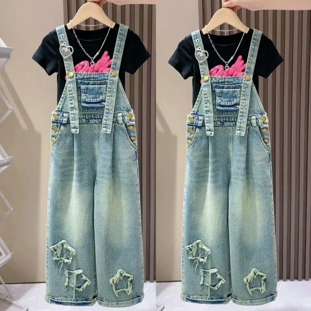 Bộ Quần Yếm Denim, Cho Bé Gái, Bộ Sưu Tập Mùa Xuân Và Mùa Thu 2024, Phong Cách Phương Tây, Dáng Rộng Rãi, Người Nổi Tiếng Trên Internet, Thích Hợp Cho Mùa Hè, Quần Tuyệt Vời Cho Trẻ Em Và Thanh Thiếu Niên