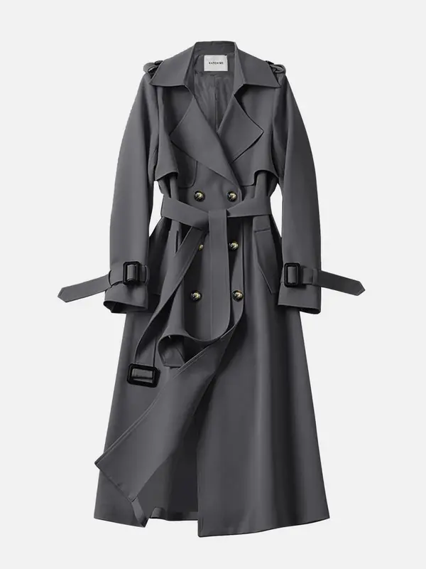 Women's Solid Double Button Belted Trench Coat, Elegant Lapel Neck Long Sleeve Coat for Fall & Winter, Women's Clothing for Daily Wear, Clothing for Women, Going Out Tops 0