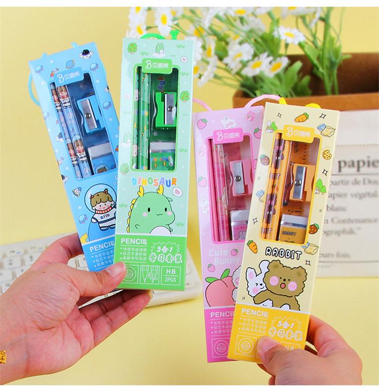 Product Introduction of 5Pcs/Pack Cute Cartoon Pencil Set with Ruler Eraser Sharpener School Students Stationery Supplies 11