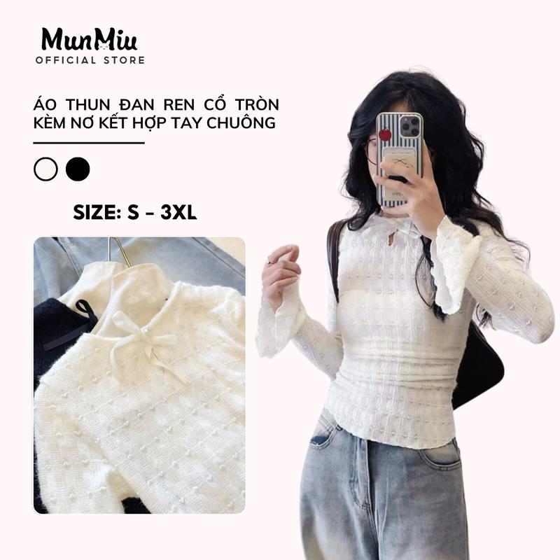 Áo thun nữ BIGSIZE MunMiu Áo ôm body phong cách đơn giản cổ tròn đính nơ kết hợp tay chuông siêu tôn dáng 3943