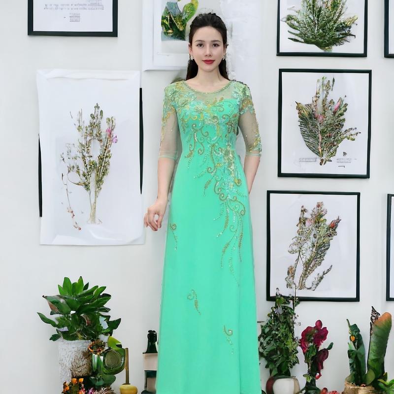 Áo dài dạ hội trung niên cao cấp mã AD86 Nữ Women a odai aodai mau jador dress ❧ ✪m☆ ♡ đỏ sang vàng 2