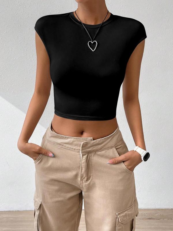 Women's Regular Fit Solid Twist Cut Out Backless Crop Tee without Necklace, Casual Cap Sleeve Round Neck T-shirt for Summer, Fashion Women's Summer Holiday Top for Daily Wear Valentine's Day, Gift 4