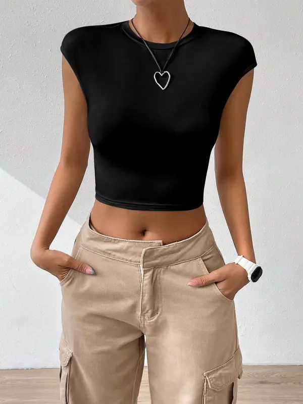 Women's Regular Fit Solid Twist Cut Out Backless Crop Tee without Necklace, Casual Cap Sleeve Round Neck T-shirt for Summer, Fashion Women's Summer Holiday Top for Daily Wear Valentine's Day, Gift 4