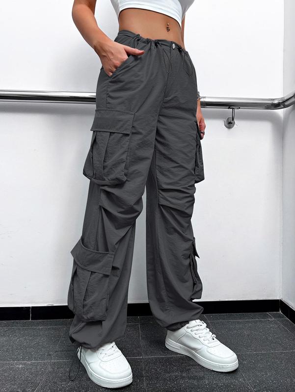 Women's Plain Drawstring Ruched Cargo Pants, Casual Pocket Design Trousers for Fall & Winter 4