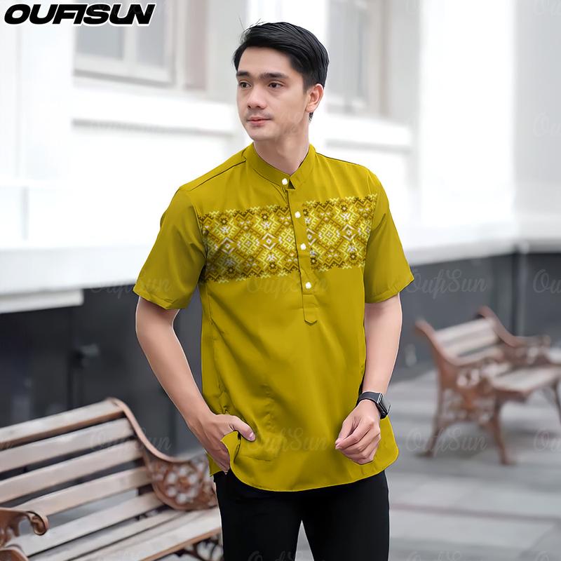 Product Introduction of Baju Raya 2025 Malaysia Ramadan Modern 3D Sublimation Print Stand Collar Short Sleeve Men's Shirt Casual Batik Koko Kurta Formal Shirt, MEN'S KOKO SHIRT 8
