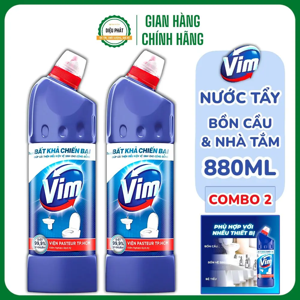 COMBO 2 Nước Tẩy Bồn Cầu Vim Diệt Khuẩn Xanh Biển Làm Sạch Toilet Nhanh, Hiệu Quả Chai 880ML