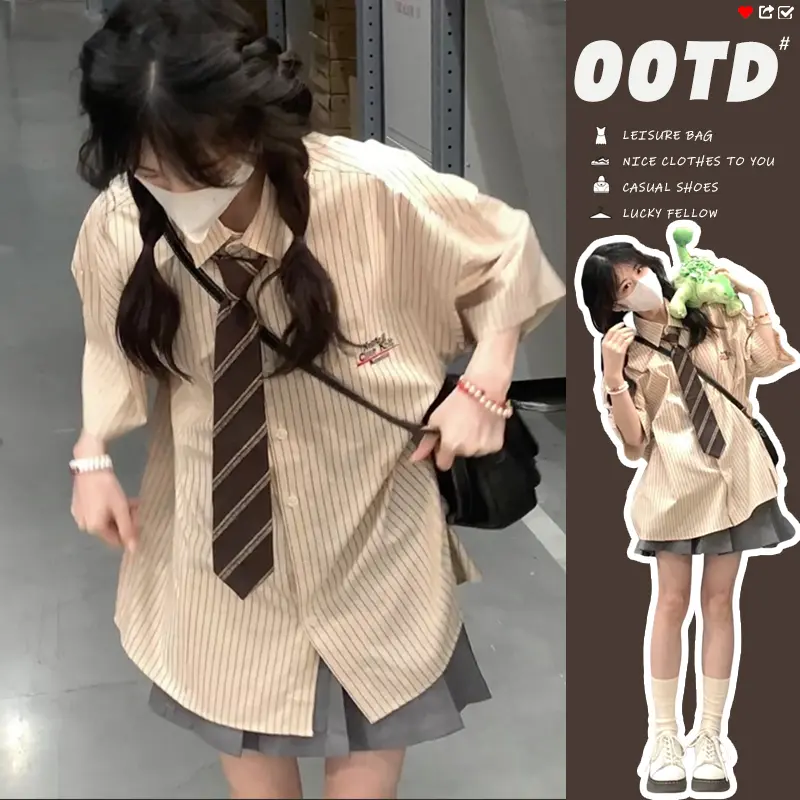 Áo Sơ Mi Ngắn Tay Kẻ Sọc Cho Bé Gái, Phong Cách Preppy, JK, Mùa Hè