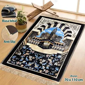 Sajadah Turki Hitam Kiswah 70x110cm Sejadah Rumbai Bludru Tebal Premium Bulu Motif Anti Slip Busa Lembut untuk Muslim Haji Umroh