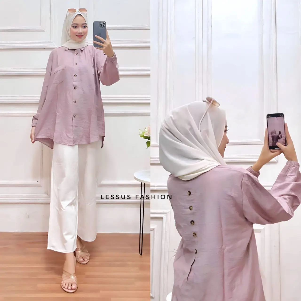 Nayra Blouse JUMBO kemeja wanita atasan polos polo linen kancing depan aktif belakang variasi Oversize Karet