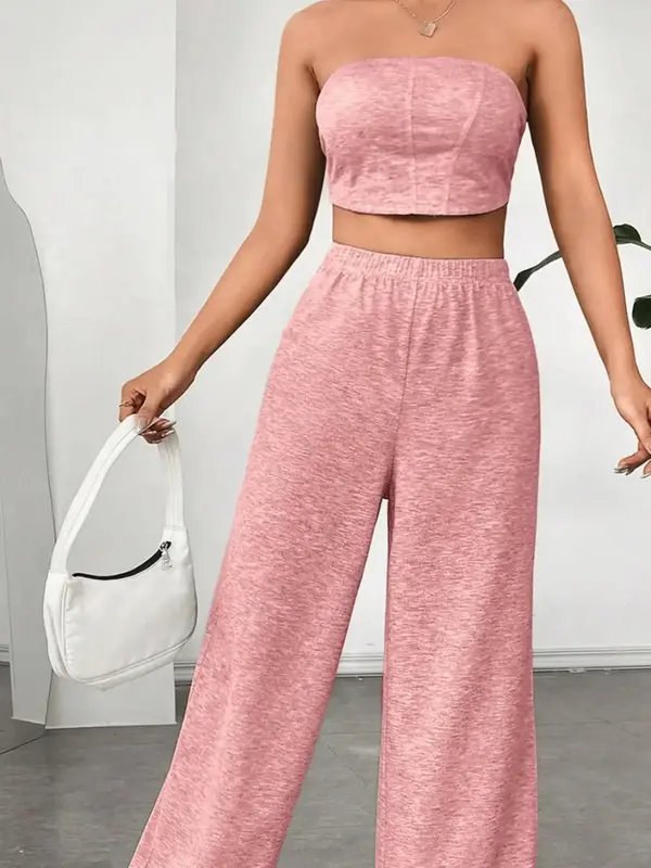 Women's Solid Crop Tube Top &  High Waist Elastic Waist Wide Leg Pants Set without Necklace, Summer Clothes Women, Mean Girls Basic Comfort Cropped Top & Trousers 6