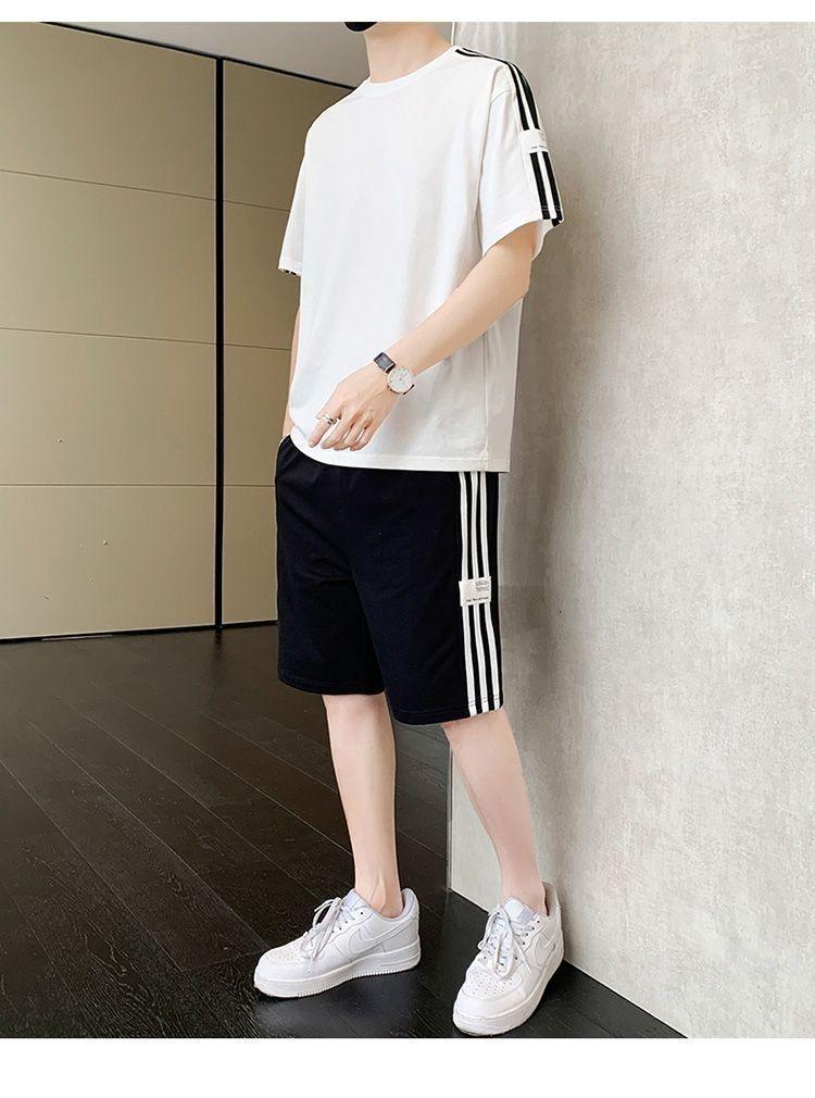 Product Introduction of Summer Men's Fashion Set Trendy Full Set Casual Loose Stylish Shorts Set One Complete Set with Three Stripes Sports 14