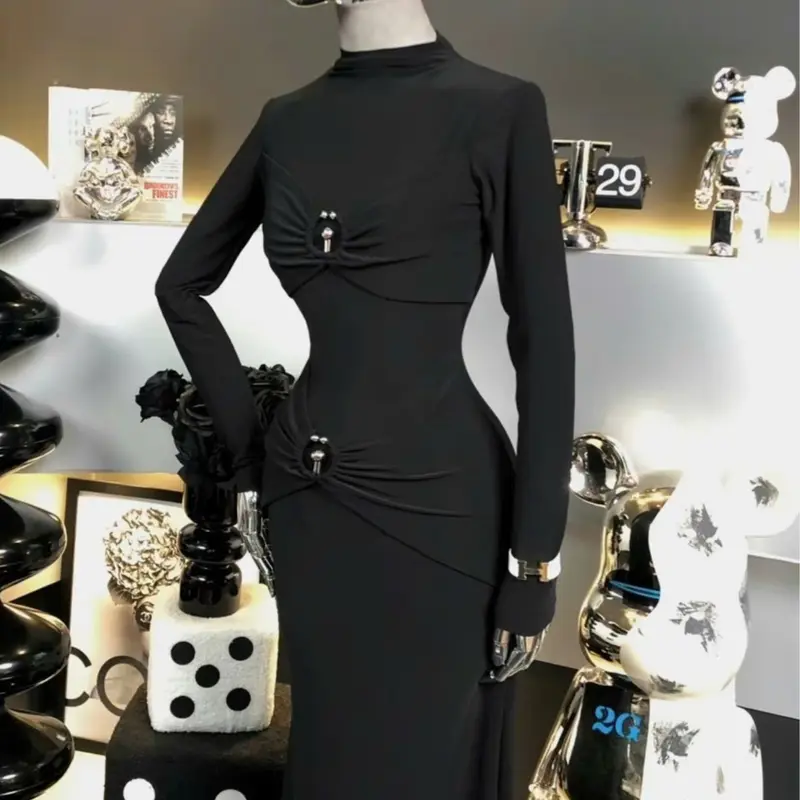 Đầm Ôm Body Tay dài đính khoen - Hình Thực, đầm dự tiệc - Thun QC dày đẹp Maxi Dress Woman 5