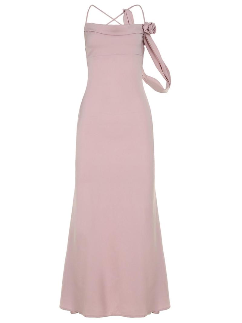 Product Introduction of Women's Plain Flower Decor Satin Cami Evening Dress, Elegant Sleeveless Spaghetti Strap Maxi Dress for Party Banquet Wedding Guest, Ladies Summer Clothes 6