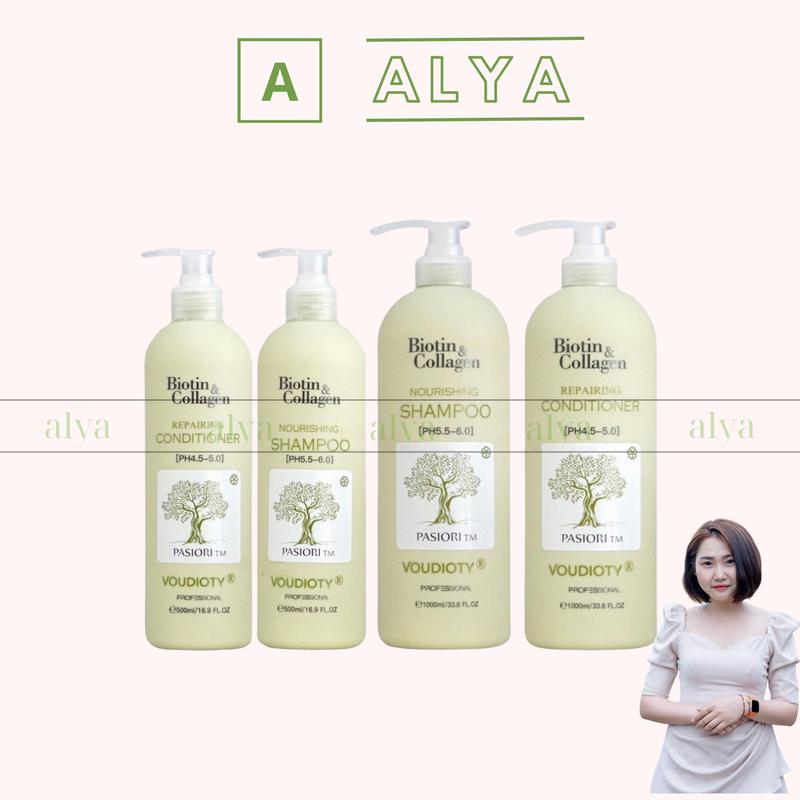Cặp Dầu Gội Xả Biotin Collagen Voudioty 500ml - 1000ml x2 xanh lá. Ngăn Rụng Tóc, Kiềm Dầu, Phục Hồi Tóc Khô Xơ. ALYA Chăm Sóc Tóc Nữ Tea Trà