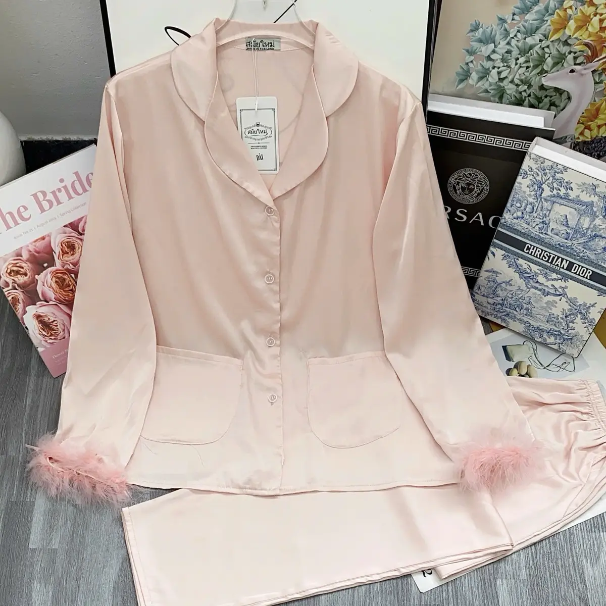 Đồ bộ Pijama mặc nhà tay dài phối lông vũ chất vải lụa latin mềm mịn cho nữ từ 43-65kg ngủ áo hai