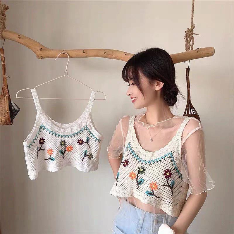 💥[A162] Áo 2 DÂY sang chảnh len LƯỚI Montoghi hàng dệt kim Croptop nữ ngắn THÊU HOA mặc được NHIỀU KIỂU siêu xinh - L2M (Top Nữ Women Nhung ) 【 hoa hồng 】 2