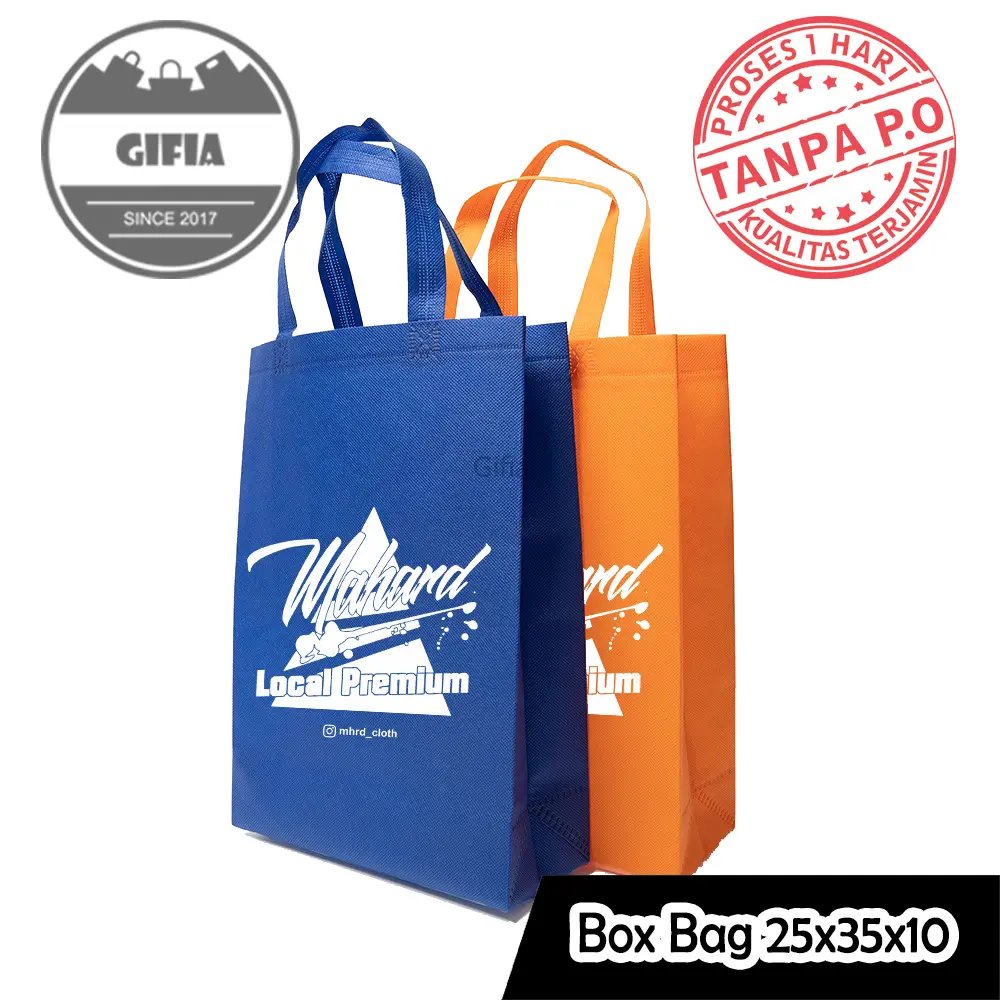 100pcs box 25x35x10cm Goodie Bag Custom Sablon / Tas Spunbond Handle / Tas Kain