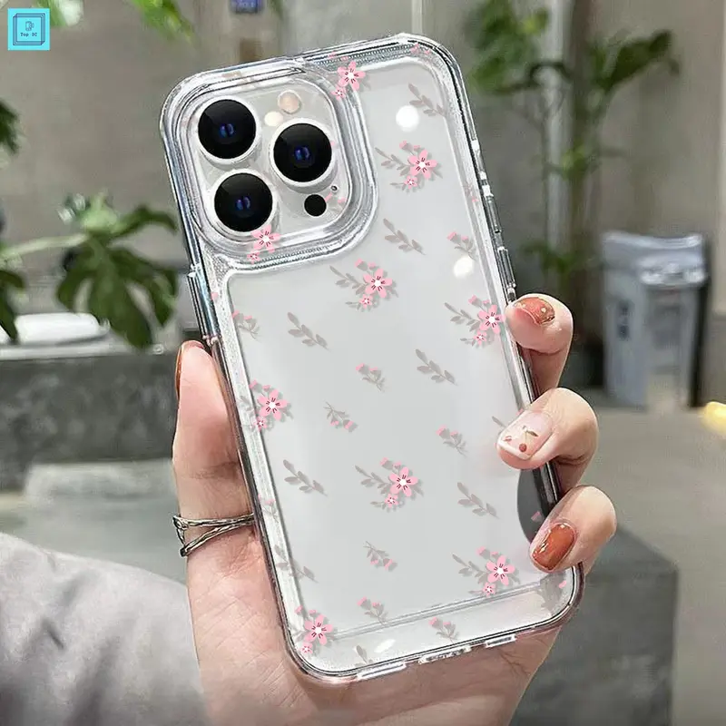 CASE SPACE BENING Softcase HP iPhone 11 12 13 14 PRO PROMAX XR  X XS XSMAX Iphone 7 8 SE2020 7plus 8plus 15promax Transparent High Quality INS-styleSmall Pink flowers for iCasing Ponsel 5