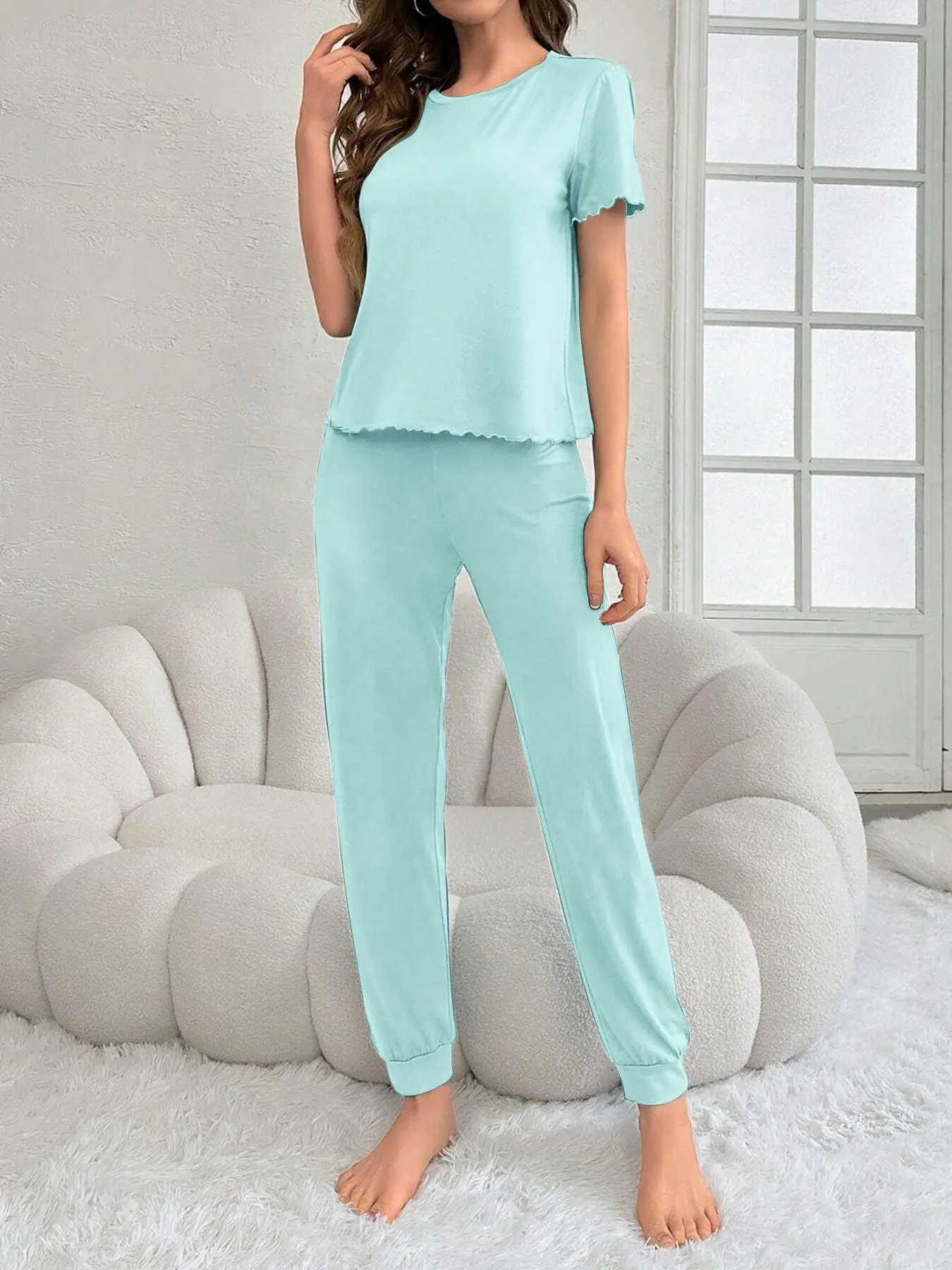 Women's Solid Lettuce Trim Tee & Pants Loungewear Set, Casual Comfy Round Neck Short Sleeve T-shirt & Trousers PJ Set, Ladies Sleepwear for Fall & Winter