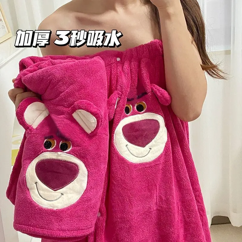 Bộ Khăn Tắm, Lông Cừu San Hô Ấm Áp, Thiết Kế Hoạt Hình Dễ Thương, Hình Gấu Dâu Tây, Khăn Tắm Ins, Váy Tắm, Mũ Khô Tóc, Nhanh Khô, Bộ Ba Mảnh, Thích Hợp Cho Tắm
