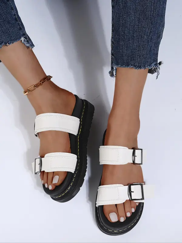 Women's Fashionable Plain Color Buckle Decorated Flat Sandals, Casual Comfortable Sandals for Summer, Lightweight Breathable Shoes for Daily Wear, Girl 3