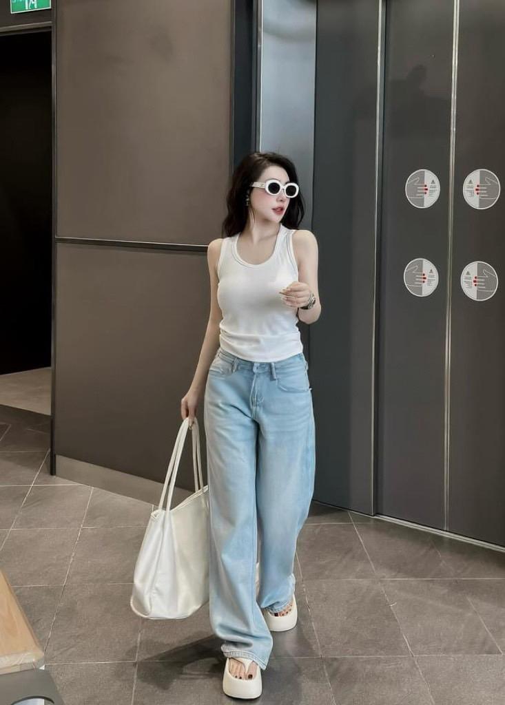 Product Introduction of (S-2Xl) HHCHOU- Quần Jeans Suông Trơn Màu Xanh nhạt vải Qc mềm h3369 Nữ Pants Kem Women 3