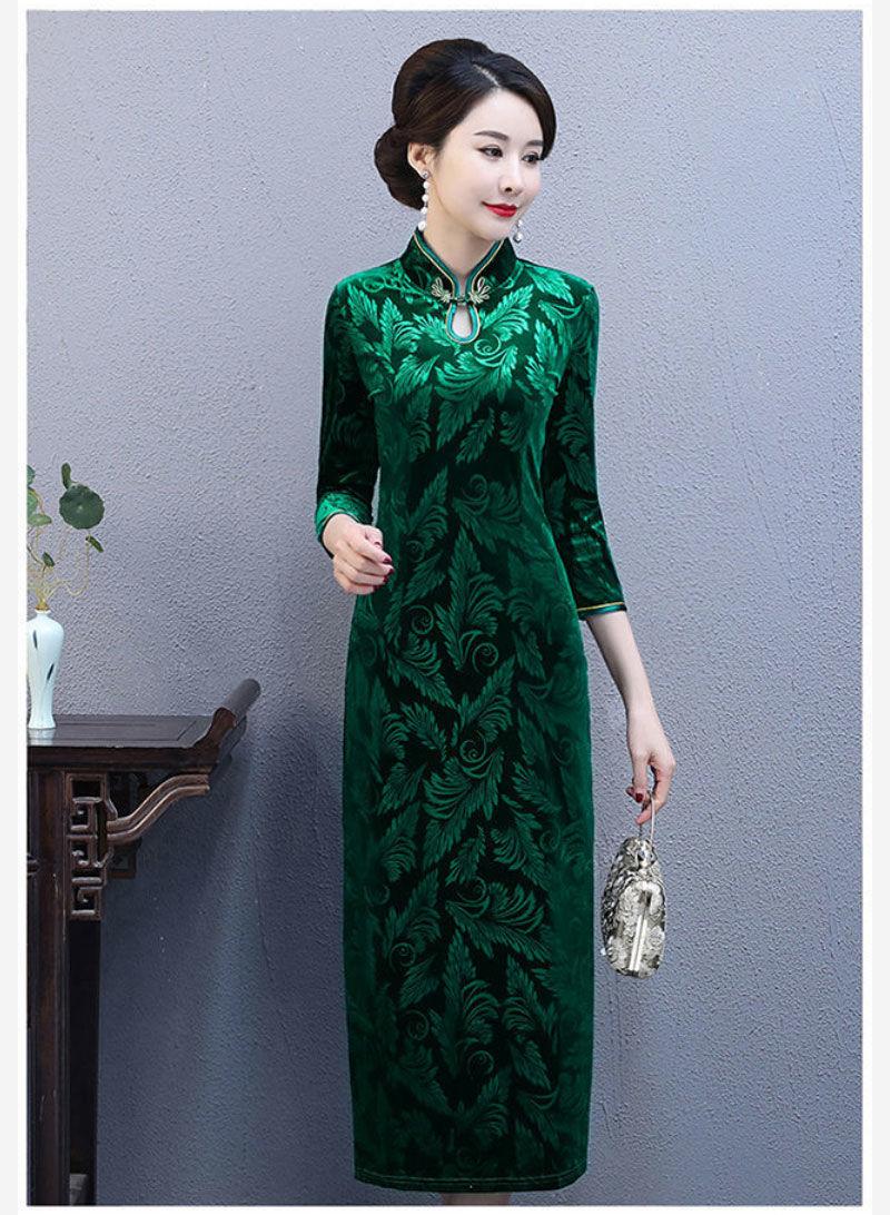 Product Introduction of Váy Nhung Vàng, Phong Cách Cổ Điển Cổ Áo Đứng Sườn Xám, Trang Phục Của Mẹ, Dành Cho Phụ Nữ Trung Người Già Và Cao Tuổi, Váy Dài Trung Bình Dài Tay, Thích Hợp Cho Mùa Xuân Và Mùa Thu Women Dress 13