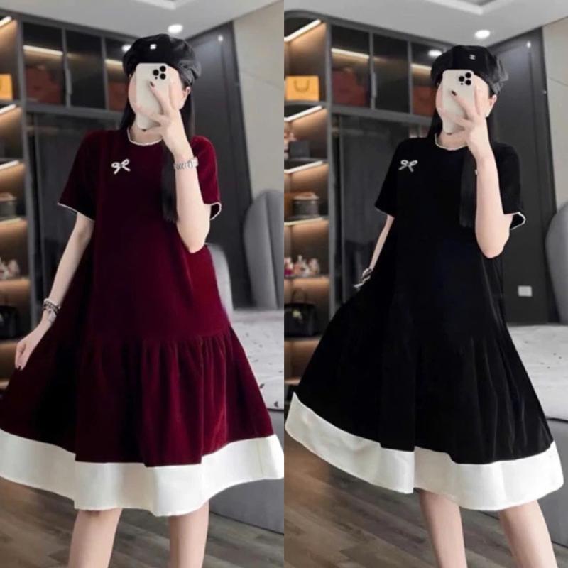 Váy đầm bầu - Váy suông babydoll nhung lì chân voan đính khuy cài cao cấp, đầm bầu thiết kế mặc noel, tết siêu xinh HO1 Đỏ set  yếm đậu xanh đính nơ ❣❣váy đen q45❣❣ đính đá