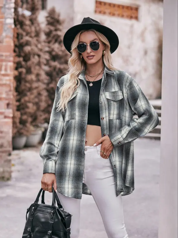 Women's Tartan Print Button Front Pocket Shirt, Casual Drop Shoulder Long Sleeve Top for Fall & Winter, Women's Clothes for Daily Wear 1