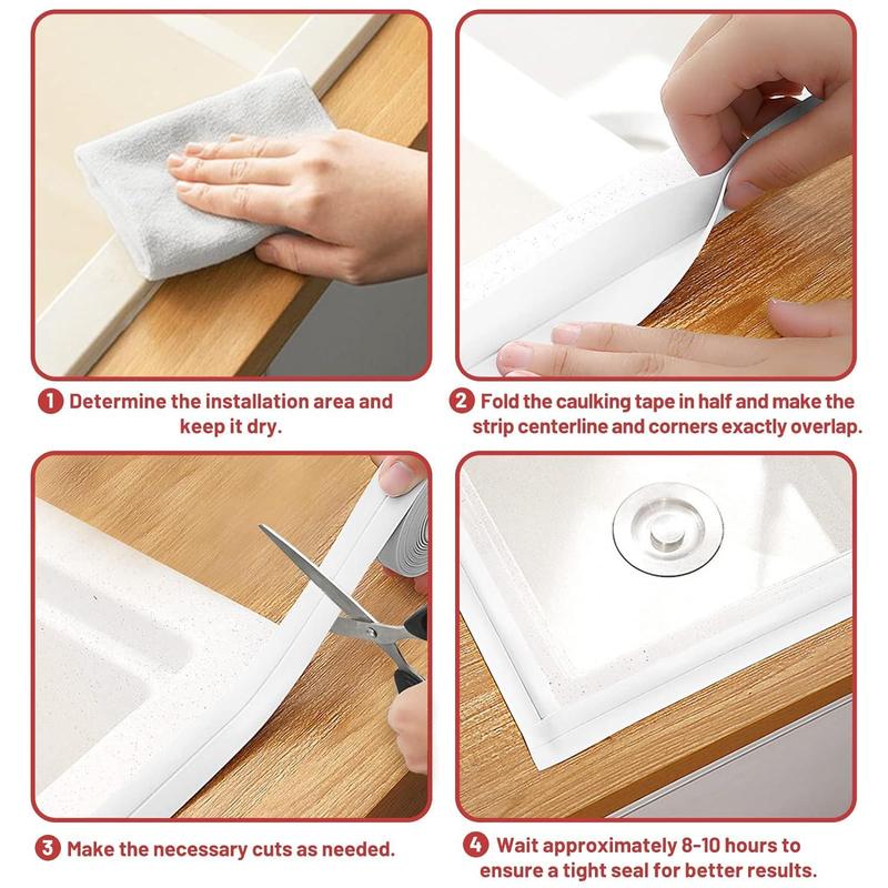 Waterproof Caulk Tape with Tool, 2 Rolls Self Adhesive Caulk Strip, Caulking Sealant Tape for Kitchen, Countertop, Bathroom, Sink, Shower, Bathtub, Toilet Edge Protection 5