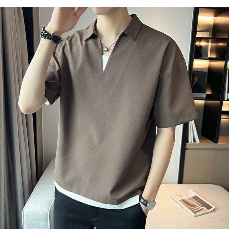 Product Introduction of 2025 Fake Two-Piece V-neck T-shirt Men's Ins Fashion Brand Short Sleeve Polo Shirt Ice Silk Half Sleeve 2023 New Summer Matching Suit 5