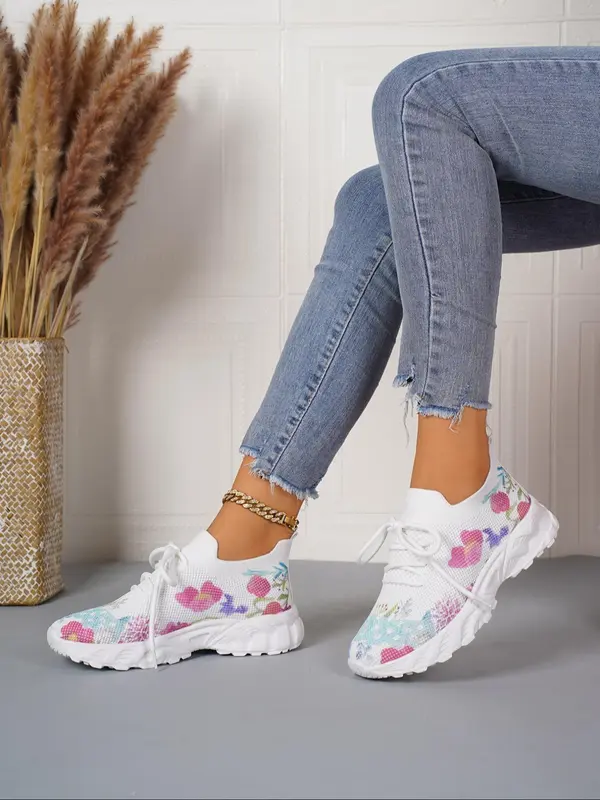 Women's Fashionable Floral Pattern Lace Up Low Top Sneakers, Casual Comfortable Breathable Sports Running Shoes, All-match Basic Shoes for Daily Wear 3