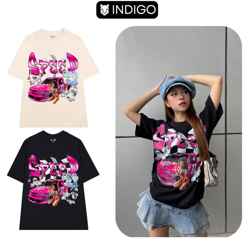 Áo thun unisex nam nữ INDIGO SPEED, áo thun cổ tròn form rộng chất liệu cotton kiểu dáng oversize. TS010 Women Đen Top 4