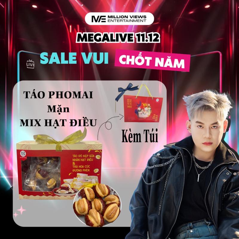 [ Long Chun X BB ] 500Gram KẸO Táo Đỏ  Kẹp Sữa Phomai Mặn Mix Hạt Điều , Kèm Trà Hoa Cúc Đường Phèn - Hộp 600g - Food ( Kèm Túi ) Snack Ăn Vặt