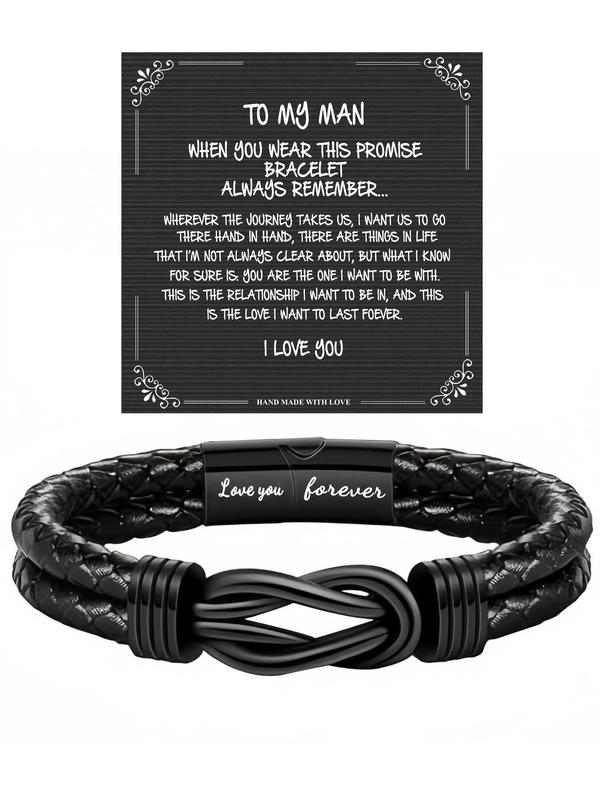 Men's Simple Style Plain Color Braided Textured Synthetic Leather Bracelet with Letters Pattern, Casual Trendy Bracelet with Knot Design, Fashionable Accessories for Daily & Party Decoration, Christmas Gifts for Boyfriend 1